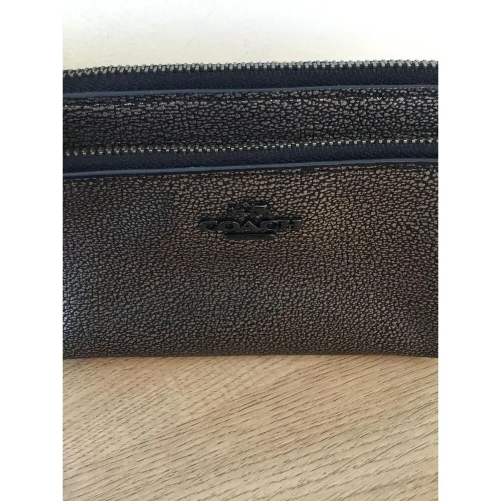 Coach Metallic Black & Gold Pebbled Leather Double Corner Zip Wristlet